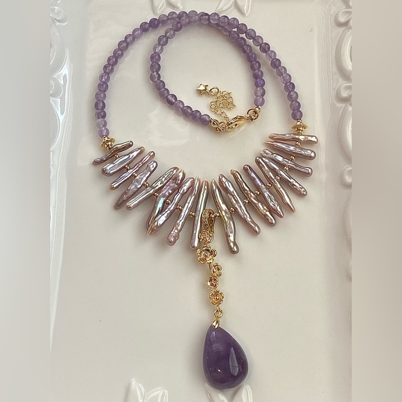 GP35-Handmade Purple Chopstick Pearl And Amethyst Necklace - Picture 2 of 13